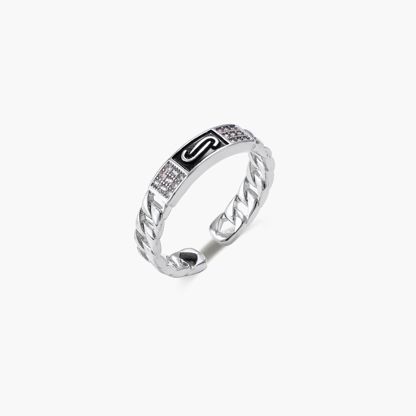 Two adjustable white gold plated rings with chain-link bands, featuring cubic zirconia halo and enamel details