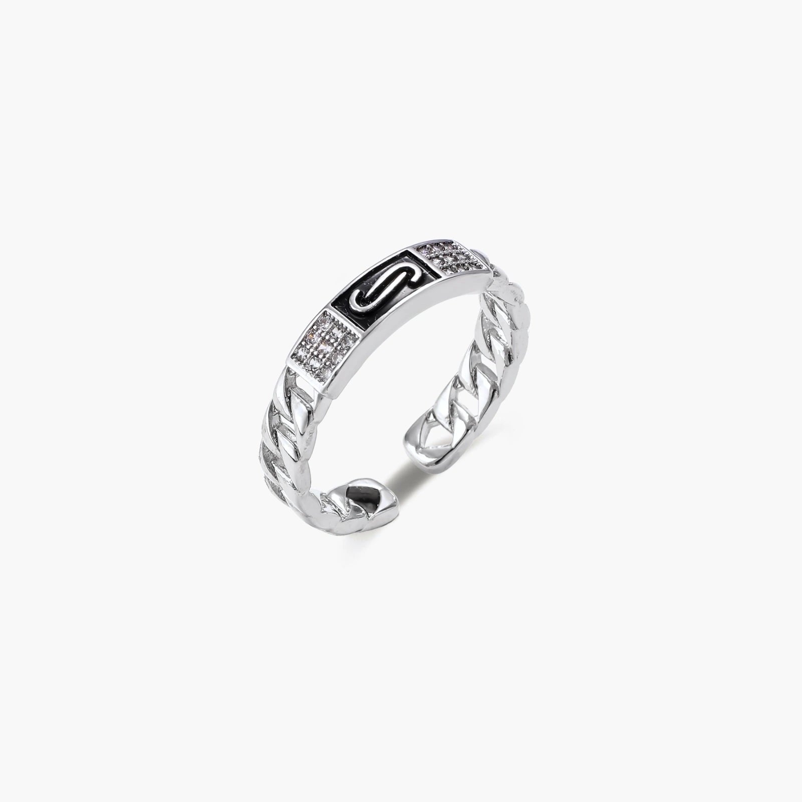 Two adjustable white gold plated rings with chain-link bands, featuring cubic zirconia halo and enamel details