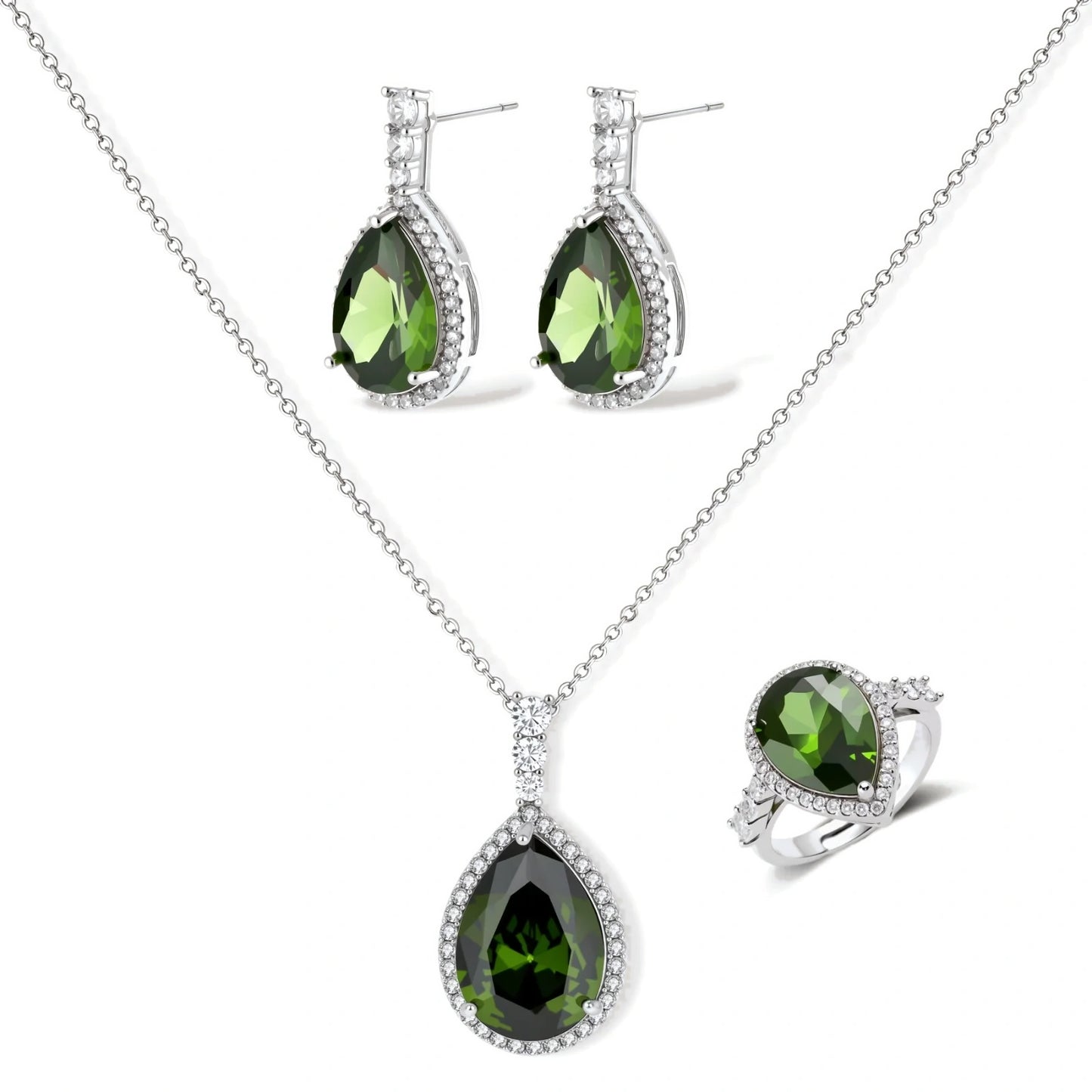 White gold plated jewelry set with green teardrop gemstones and cubic zirconia halos on cream background.