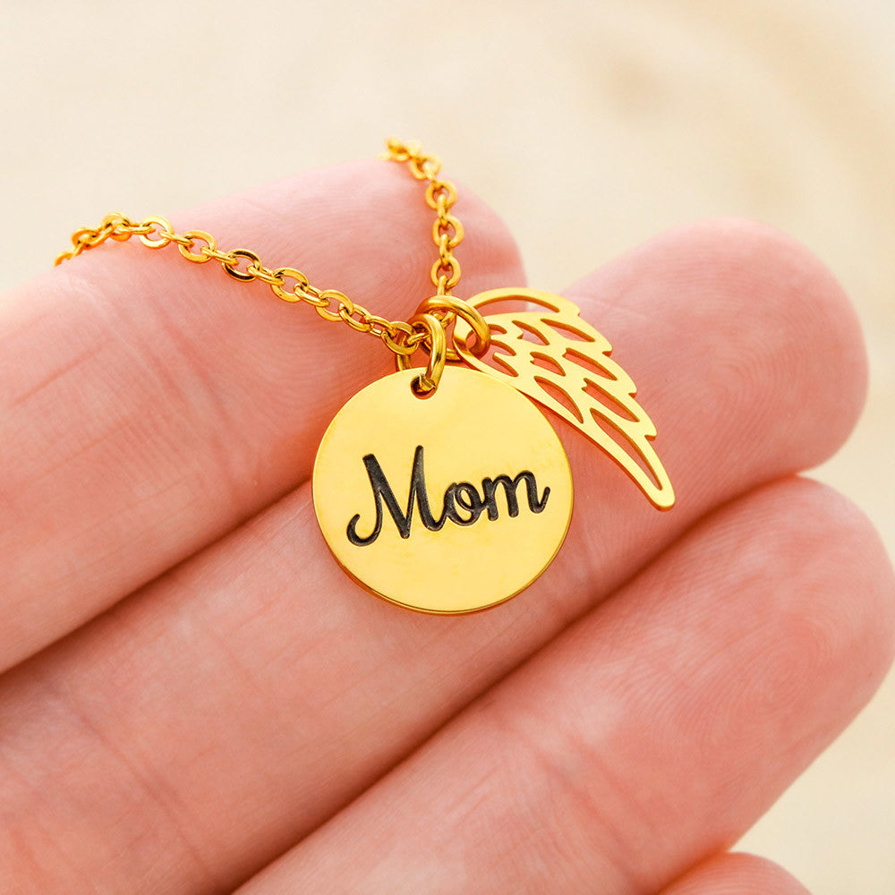 My First Hero – Gold Mom Disc Angel Wing Necklace
