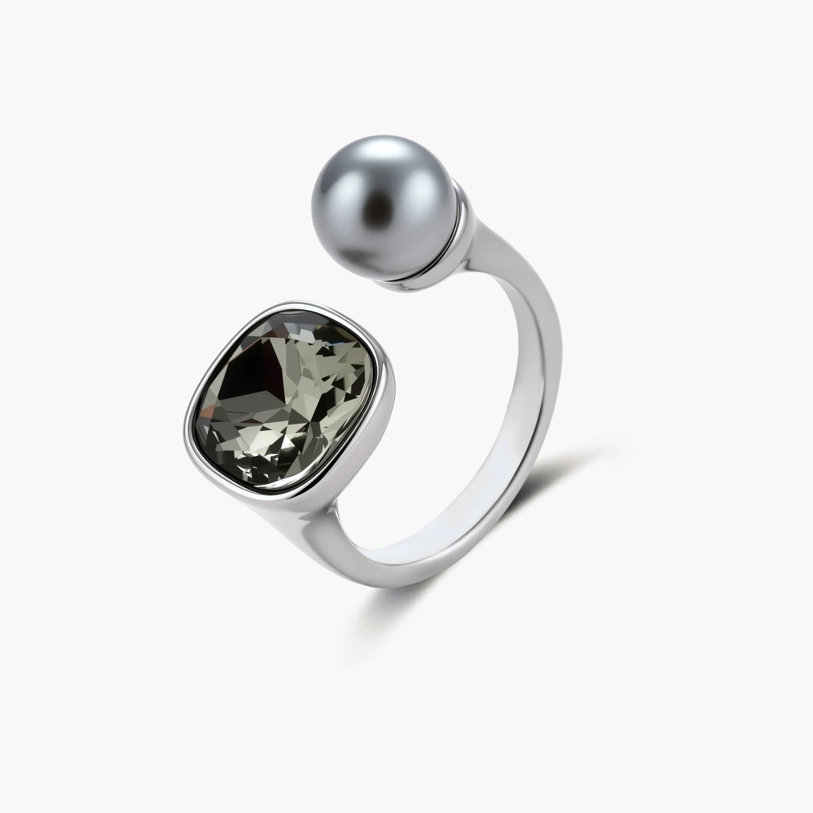 Modern adjustable ring with smoky zircon stone and metallic sphere in platinum-plated copper finish on neutral background.